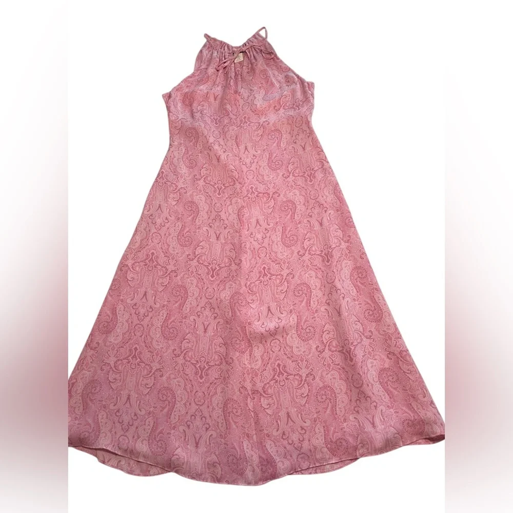 J. Crew Vintage 90s Pink Paisley 100% Silk Halter Dress Front Tie Size 8 Lined